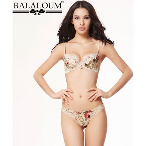 BALALOUM Women Floral Lace Hollow Out Brassiere Push Up Bra and Panty Sets Underwear Sexy Lingerie Set T Back Thongs Seamless
