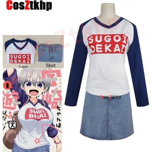 Uzaki Hana Cosplay Costume Uzaki Chan Wants to Hang Out! Sugoi Dekai Long Sleeve T-shirt Denim Skirt Halloween Womans Costumes