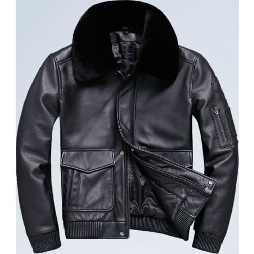 2021 Black Men USAF Pilot Leather Jacket Large Size XXXL Wool Collar Genuine Cowhide Russian Winter Military Aviation Coat