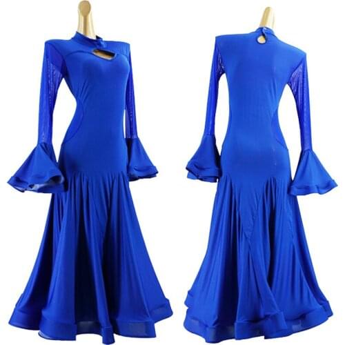 New Ballroom Dress Women Waltz Long Dress Blue Dettol Back Prom Dress Stage Clothes For Girls Tango Performance Dancewear 1575
