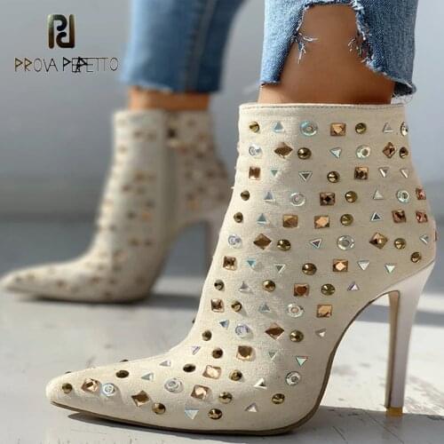 New Womens Boots Fashion All-match Pointed Toe Stilettos Side Zipper I Customized Sparkling Rhinestone Short Boots Martin Boots