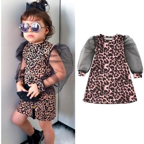 1-6Y Fashion Toddler Baby Girls Dress Leopard Print Long Lace Puff Sleeve Knee Length A-Line Dress