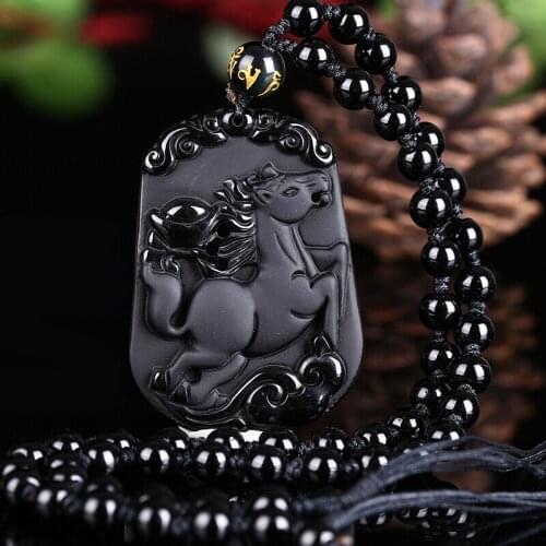 Natural Black Obsidian Beads Necklace Hand-Carved Zodiac Horse Jade Pendant Charm Jewelry for Man Women Auspicious Amulet Gifts