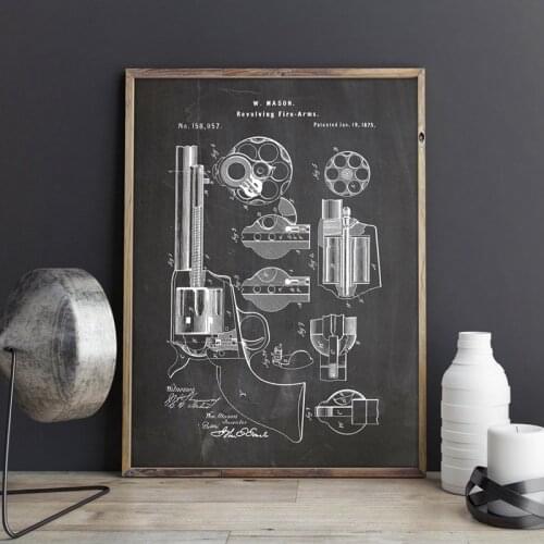 Hand Gun Patent Print Pistol Wall Art Canvas Painting Revolving Fire Arm Poster Wall Decor Vintage Blueprint Military Decoration