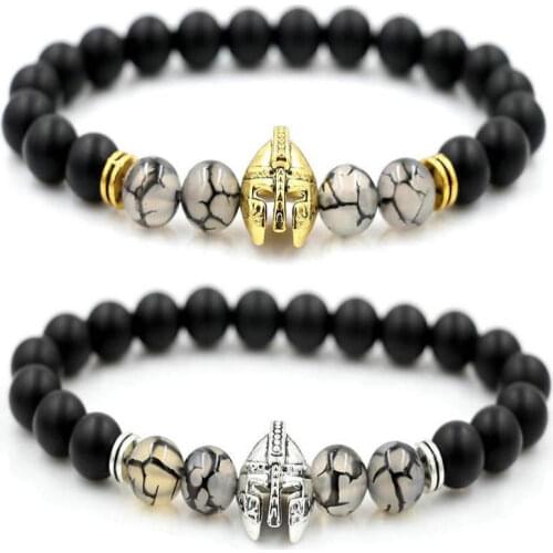 Sparta Helmet Bracelet Men Natural Stone Black Beads Bracelet Charm Chakra National Warrior Bracelets For Women Men Jewelry
