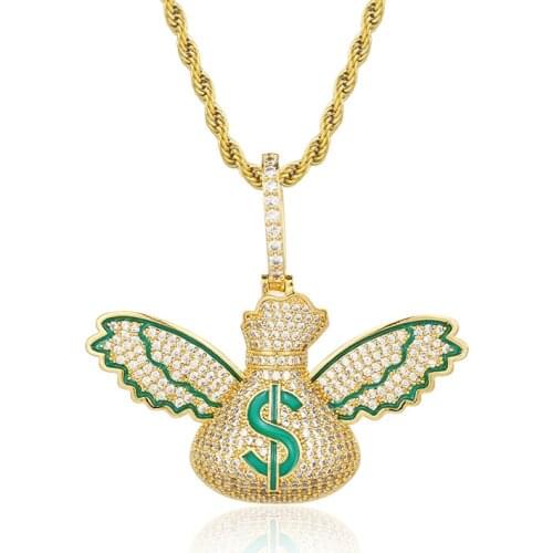 Hip Hop Money Bag With Wings Pendants Puunk Necklace Iced Out Bling Cubic Zircon MenS Rapper Jewelry