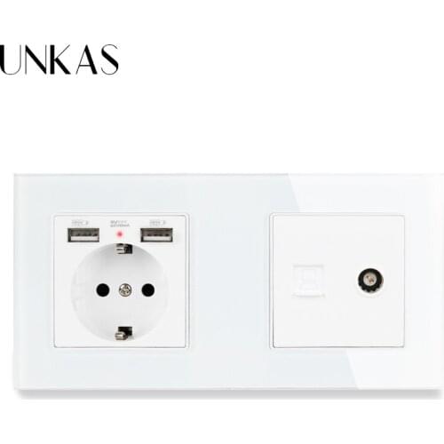 UNKAS Crystal Glass Panel EU Standard Electric Socket with 2 USB + Female TV Connector With CAT5E RJ45 Internet Computer Data