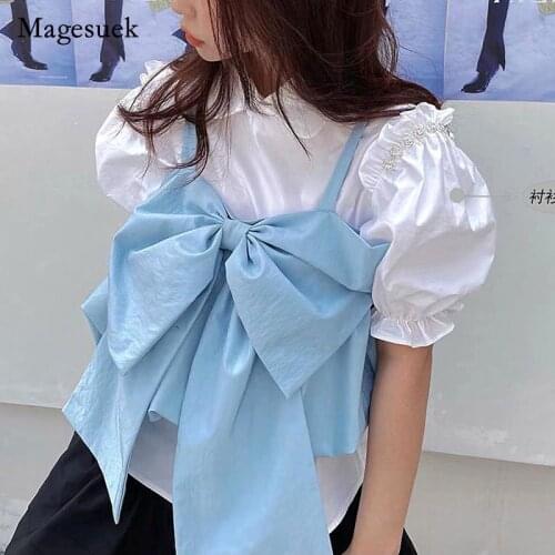 Sexy Style Summer 2021 Women Solid Shirt Solid Cotton Bow Sleeveless Blouse Sweet Spicy Girls Backless Tops Clothing Blusa 15587