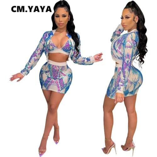 CM.YAYA Women Set Sequins Full Sleeve Zip Jackets Crop Underwear Skinny Mini Skirts Three 3 Piece Sets Fashion Outfits Autumn