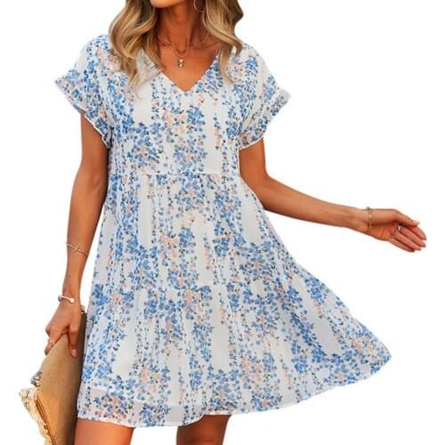 V Neck Mini Dress Women Ruffle Short Sleeve High Waist Floral Print A-Line Tunic Loose Dress Streetwear vetement femme 2021