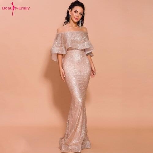 Beauty-Emily Off The Shoulder Ruffles Evening Dresses Tulle Long Mermaid Dress Sequins Party Gowns Sexy Crystal Vestido de noche