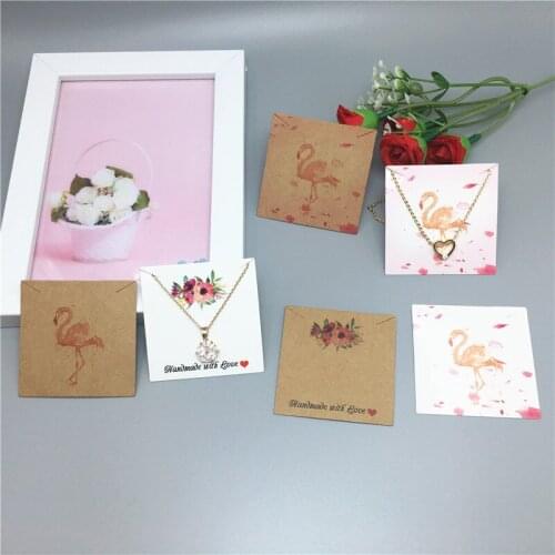 100 pcs 5x5cm kraft paper square print flamingo/flower pattern necklace/pendant price display card fashion jewelry card