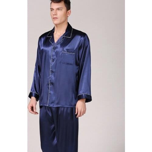 Blue Faux Silk 2PCS Loose Pajamas Suit Mens L-3XL Nightwear Spring Autumn Casual Sleepwear Turn-down Collar Shirt&Pant Homewear