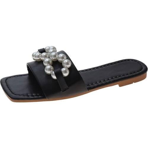 2021 Summer Luxury Womens Slippers Flats Bead Slides Round Toe Flip Flops Woman Beach Slipper Slip on Female Shoes Big Size