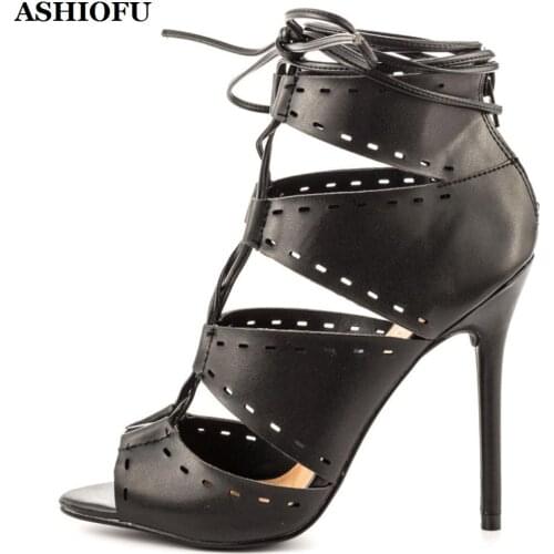 ASHIOFU New Style Ladies High Heel Sandals Cut-out Party Prom Summer Shoes Peep-toe Shoelace Sexy Evening Club Fashion Sandals