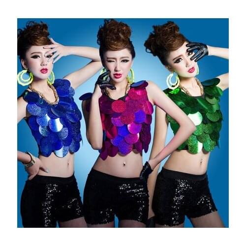 Free Shipping Personality Sequin Costumes Performance wear Women Bar Singer Sexy Modern Dance Costumes Paillette Tank Top