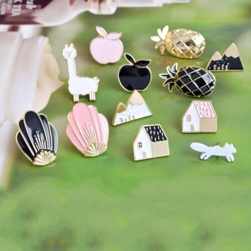 12pcs/set Village Rural style lapel enamel Pins Black White Alpaca Shell Fox Pineapple Apple Pin Brooches Badges Cartoon Jewelry