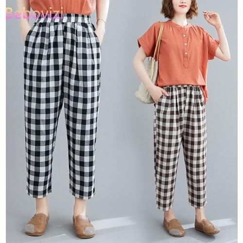 Fashion Vintage Streetwear Cotton and Linen Black White Plaid Summer Autumn Thin Fashion Pocket Women Pants Elastic Band Pant