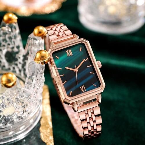 Relogio 2021 New Retro Square Emerald Green Quartz Women Watch Fashion Temperament Stainless Steel Leather Strap Wristwatch