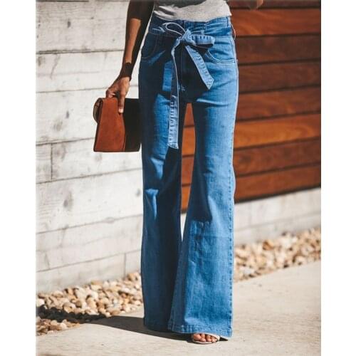 Blue Tie Waist Flare Jeans Women Slim Denim Trousers Vintage Clothes 2019 spring High Waist Pants Belted Stretchy Wide Leg Jeans