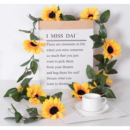 Artificial Sunflower Garland Vine Silk Sunflower Artificial Flower With Green Leaves Wedding Table Decor Party Home Decoration