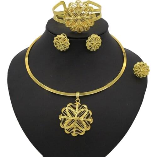 Yulaili Classic Ethiopian Jewelry Sets Wedding Bridal Bridesmaid Charm Choker Necklace Earrings Bracelet Ring Accessories