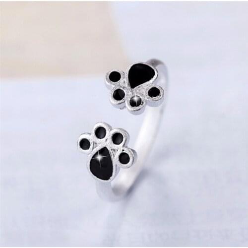Womens Girls Classic Cute Black Epoxy Paint Double Cats Paws Open Style Ring Adjustable Fashion Jewelry Gifts R0294