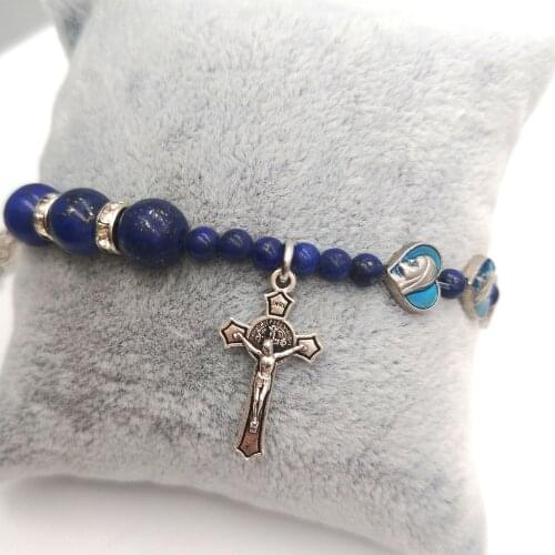 Komi Catholic Religious lapis lazuli Stone Heart Beads Bracelets Christ Jesus Orthodox Cross Pendant Rosary Bracelets Gift R-346
