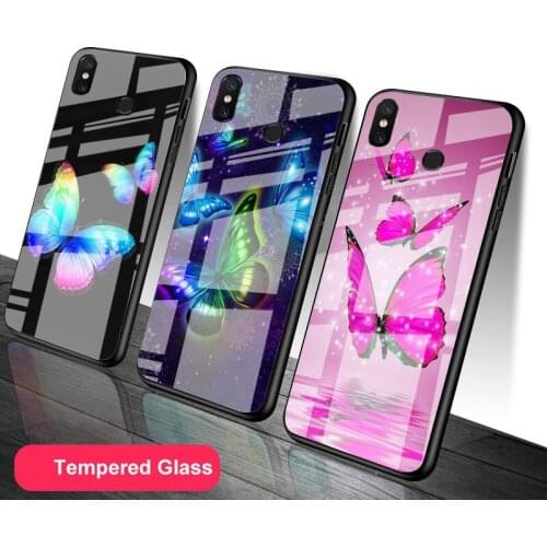 Colorful Butterfly Tempered Glass Phone Case For Redmi Note 5 6 7 8 9 Pro Note8T Note9S Redmi8 9 Cover Shell