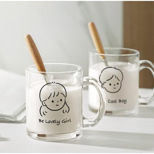 330ml Creative Boy Girl Pattern Glass Cup Transparent Breakfast Milk Coffe Mug Household Couple Water Cup Drinkware Lovers Gifts