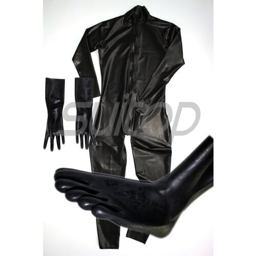 Custom sized black 0,4mm Male 's latex catsuit with separate toe socks (with fingers) and gloves Front zipper to buttocks