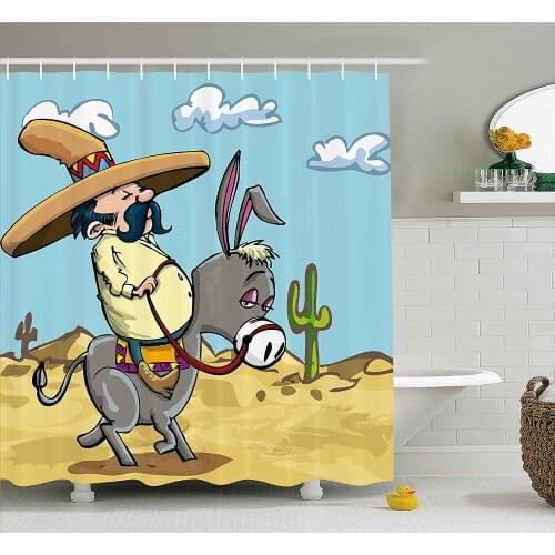 Cartoon Shower Curtain Mexican Man Wearing Sombrero Hat Riding a Donkey in The Desert with Cactus Plants Fabric Bathroom Decor