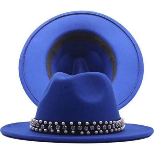 2021 New Elegant Pearl Flower Band Trimmed Jazz Wool Hat Women Black Warm Winter Hats Ladies Party Wedding Church Felt Hat Men