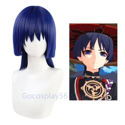 Genshin Impact Scaramouche Cosplay Wig Navy Blue Short Straight Hime Cut Heat Resistant Hair Adult Halloween Role Play
