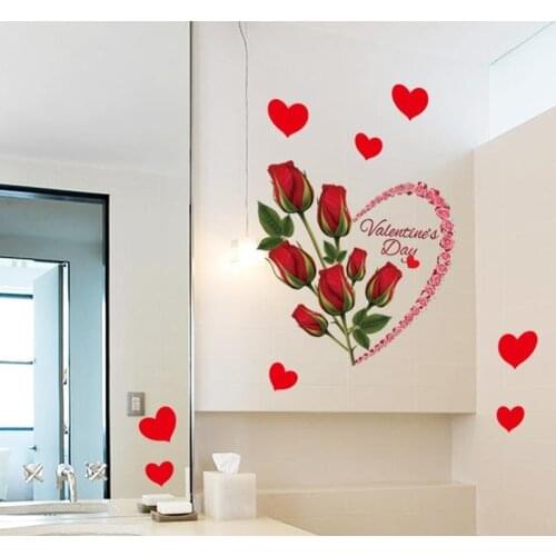 Romantic Red Loving Heart Rose Flower Wall Sticker Decals for Home Decor Lovers Living Room Bedroom Decoration Wall Stickers