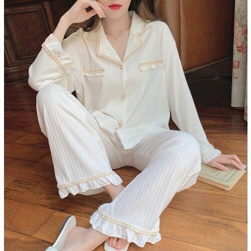 Luxury high-end Cotton Home Suits cute Sleepwear Pajamas for Women Summer 2021 Pyjamas Girls Pijama Long Sleeve Pjs Ruffle