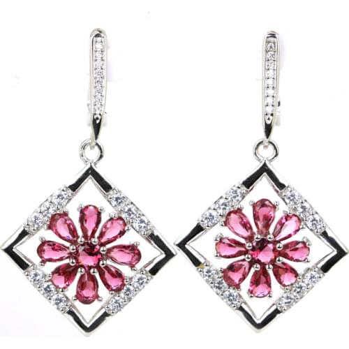 Real 7.7g 925 Solid Sterling Silver Deluxe Pink Raspberry Rhodolite Garnet CZ Earrings 42x24mm