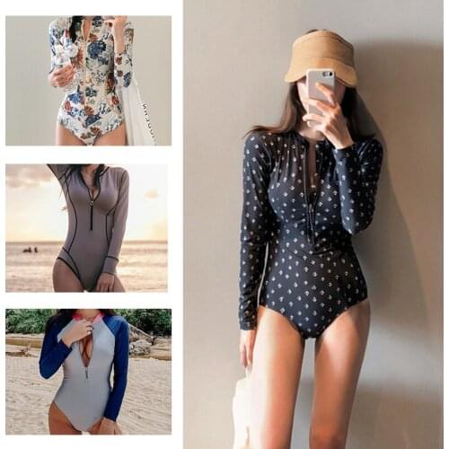 2020 Conservative Sunscreen Long-Sleeve High-Waist Swimsuit Womens One-Piece Triangle Slimming Belly Covering Sports Swimsuit