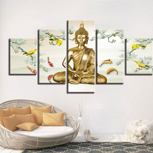 Modern Decor Living Room Wall Art Frame 5 Pieces Buddha And Fish White Flowers Paintings Poster Modular Pictures Canvas HD Print