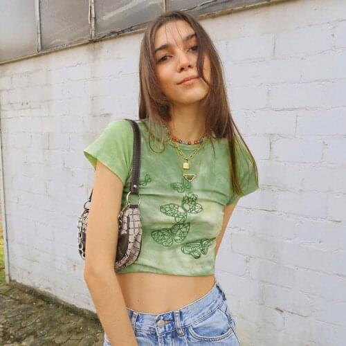 Butterfly Green Crop Top y2k Aesthetic T Shirt Short Sleeve O Neck Pullovers Women Harajuku Cute Tee Summer Retro 90s Kawaii tee