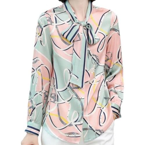 Blouse Woman New Collection 2021 Summer Authentic Silk Floral Printed Long Sleeve Button Up Shirts Femal Elegant With Ribbon Bow