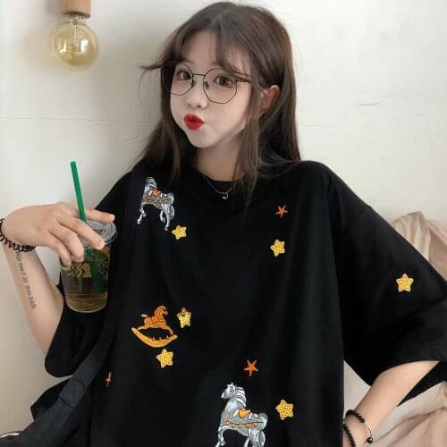 Embroidered T Shirt Womens Cartoon T-shirt Short Sleeve Summer Female Tee Tops Plus Size Casual Loose Tshirts for Girls L1831