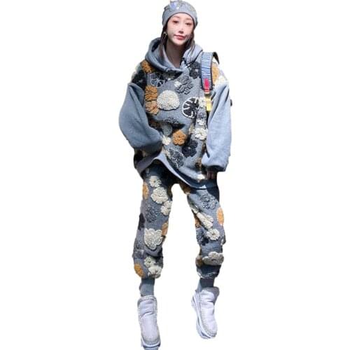 Spring Autumn New Sports Large Size 2 Piece Suit Womens Embroidery Loose Hooded Top + Harem Pants Two-piece Female Fashion Suit