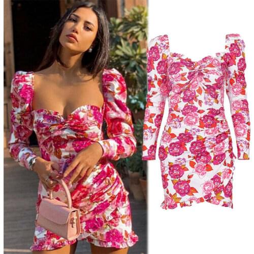 Women Fashion Sexy Square Collar Long Puff Sleeve Flower Print Dress Sweet Ladies Colorful Mini Dresses