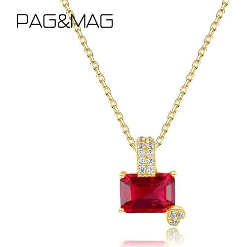 PAG&MAG Elegant Red Cubic Zircon Square Heart Pendant Necklace For Women 925 Sterling Silver Fine Jewelry Birthday Gifts