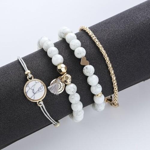 4pcs/Set Fashion Bohemian Stone Beads Chains Bracelets Set for Women Metal Heart Round Tassel Charm Bangle Jewelry Wholesale
