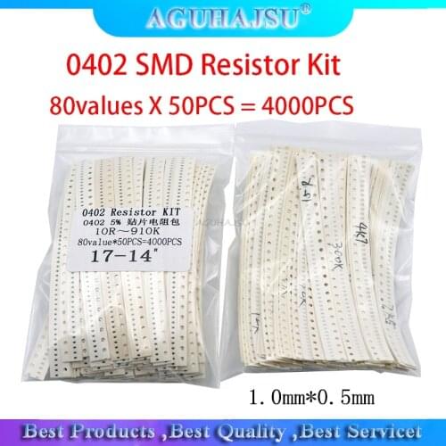 4000PCS 0402 SMD Resistor Kit Assorted Kit 10R-910K ohm 5% 80valuesX 50PCS=4000PCS Sample Kit