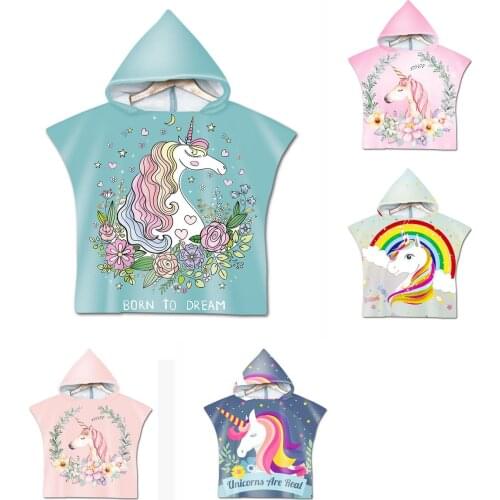 Free shipping Novelty Gift Cute Unicorn Rainbow Stars Hearts Print Microfiber Baby Kids Hooded Swim Bath Beach Towel Poncho Cape