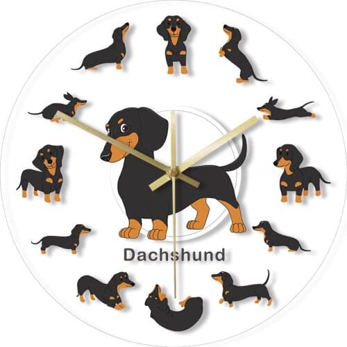 Cartoon Dachshund Dog Printed Wall Clock Wiener Puppy Animal Pets Store Decorative Non Ticking Wall Art Watch Canine Vets Gift