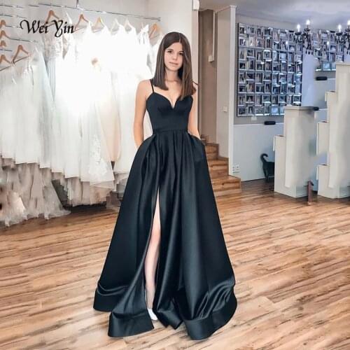 Weiyin Elegant Black Long Formal Evening Dresses Long Vestidos De Fiesta A-Line Sexy High Slit Satin Simple Prom Party Gowns